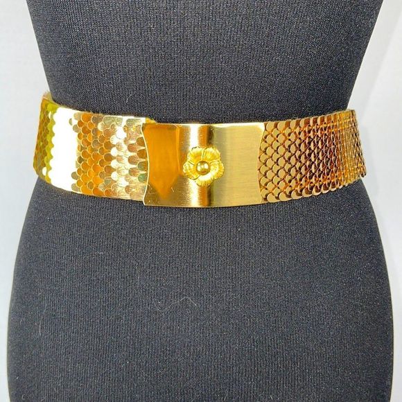 Vintage Garay Gold Tone Snake Belt Stretch Fish Scale Elastic Flower Acc… - Picture 1 of 8